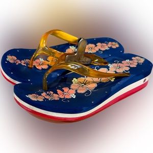 VTG PLUMERIA PLATFORM WEDGE SANDAL FLIP FLOP RED WHITE BLUE SZ8 BEACH SWIM VACAY